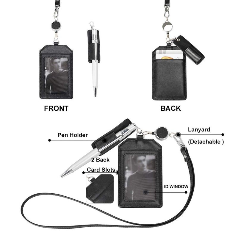 boshiho Office Badge Holder - Boshiho Genuine Leather Credit ID Card Holder with Stretch Neck Lanyard Vertical Style (Wine) - Image 5